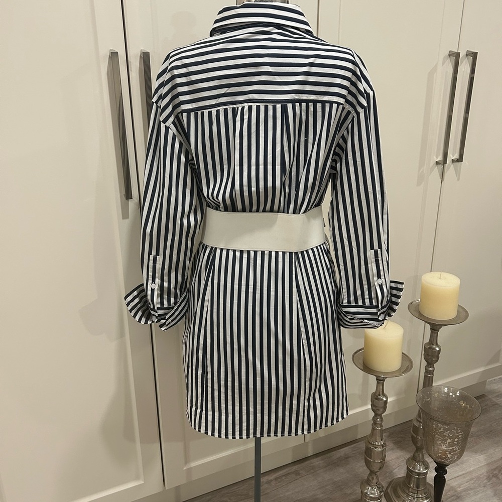 H&M Navy Striped Long Sleeve Full Buttoned Mini Dress - Picture 4 of 13